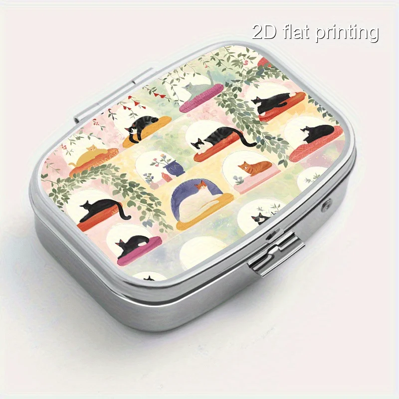 1Pcs Square Metal Box with Floral and Cat Print, Two-Compartment Metal Box, Mini Portable Metal Box, Suitable for Travel, Outdoor Activities, or as a Portable Metal Case for Wallets and Bags, Decorative Jewelry and Earring Storage Box, Multi-Compartment Metal Box for Vitamins, Storage Box for Organizing and Sorting, Suitable for Home Use, Travel, Sealed and Moisture-Proof, Unique Holiday Gift, Birthday Small Gift, Collection Box