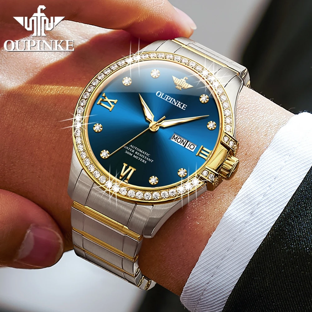 ساعات رجالية OUPINKE فاخرة من الفولاذ الناعم ساعة ميكانيكية أوتوماتيكية أصلية للرجال إطار ماسي مقاوم للماء تاريخ مضيء