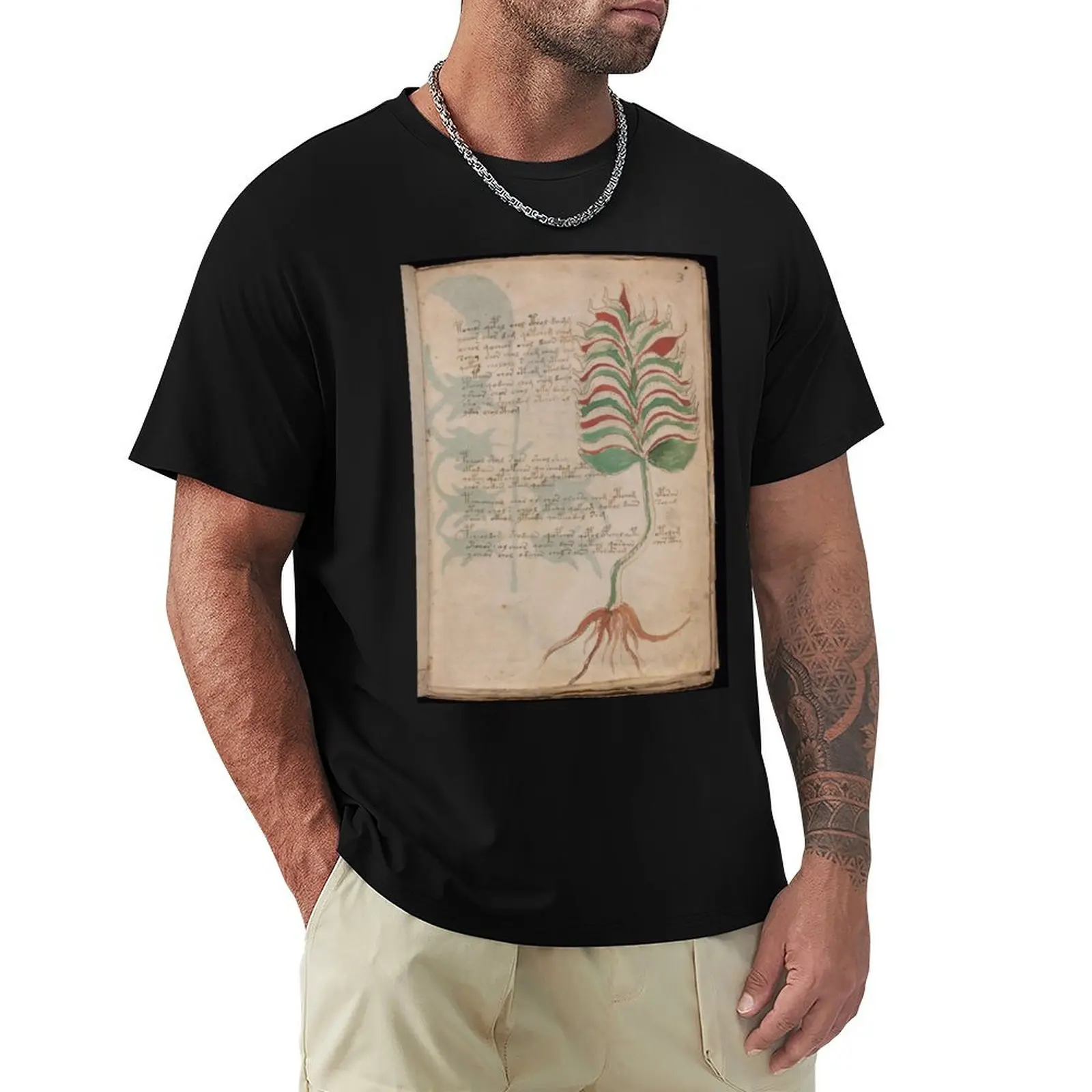 Voynich manuscript book cover Illustrated codex green leaves T-Shirt Fashion Pattern Printed Tee Shirt