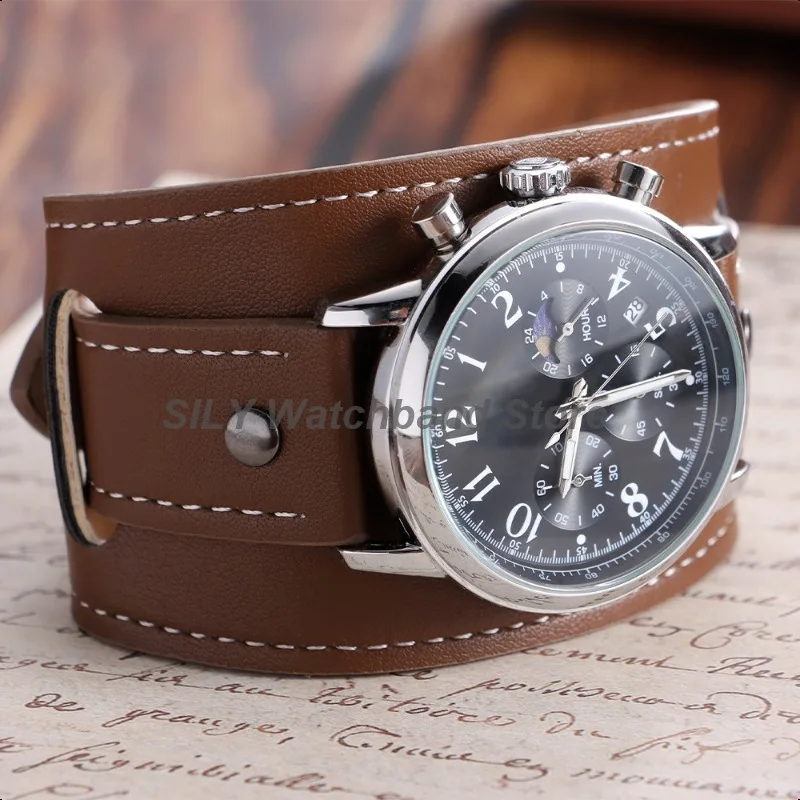 Leather Watchband with Mat Bund Base Tray 20mm 22mm 24mm Vintage Cowhide Leather Bracelets Black Brown Strap Men Women Wristband