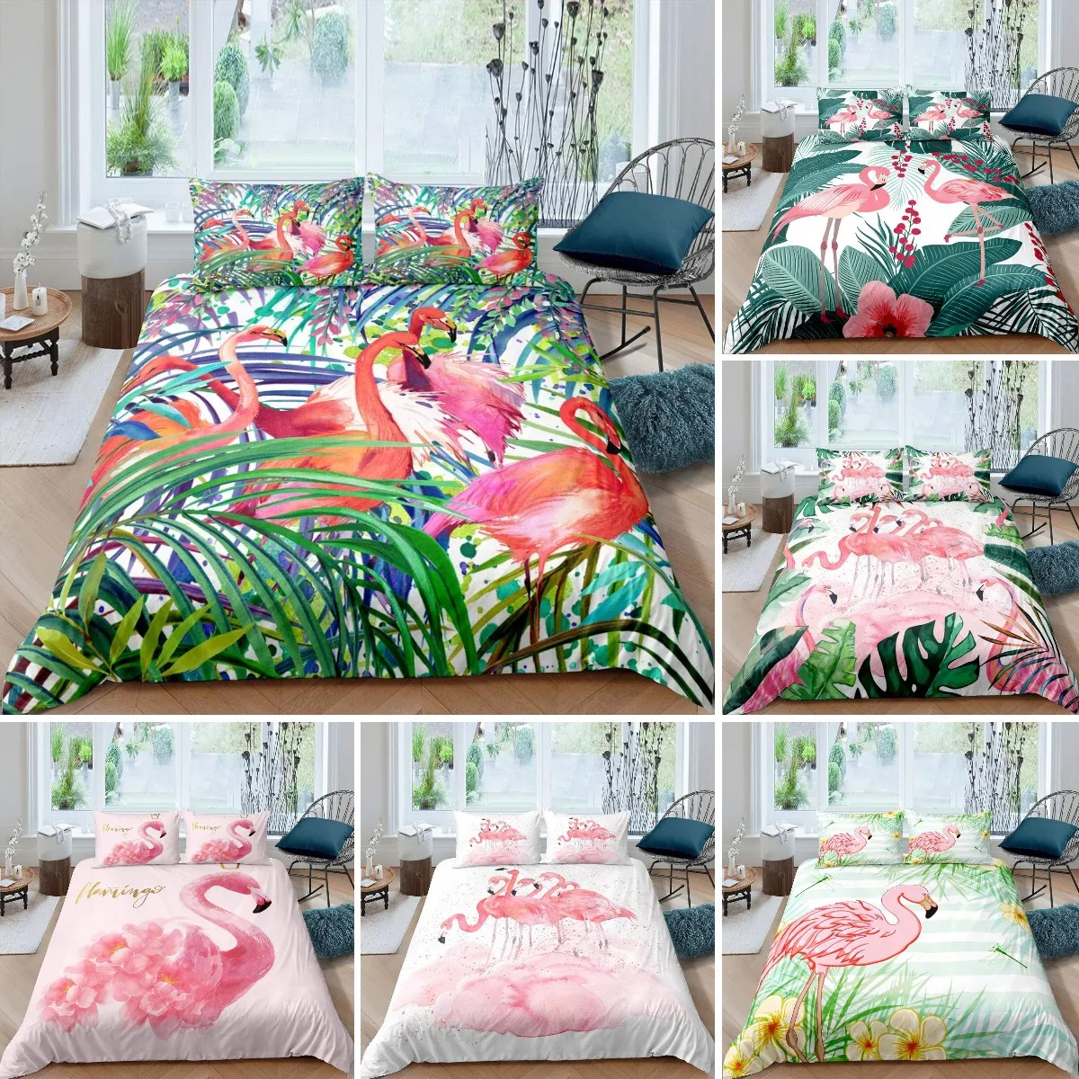 

Green Flamingo Duvet Cover: Hawaiian - Style Tropical Bedding for Kids. Floral & Palm Leaf Design