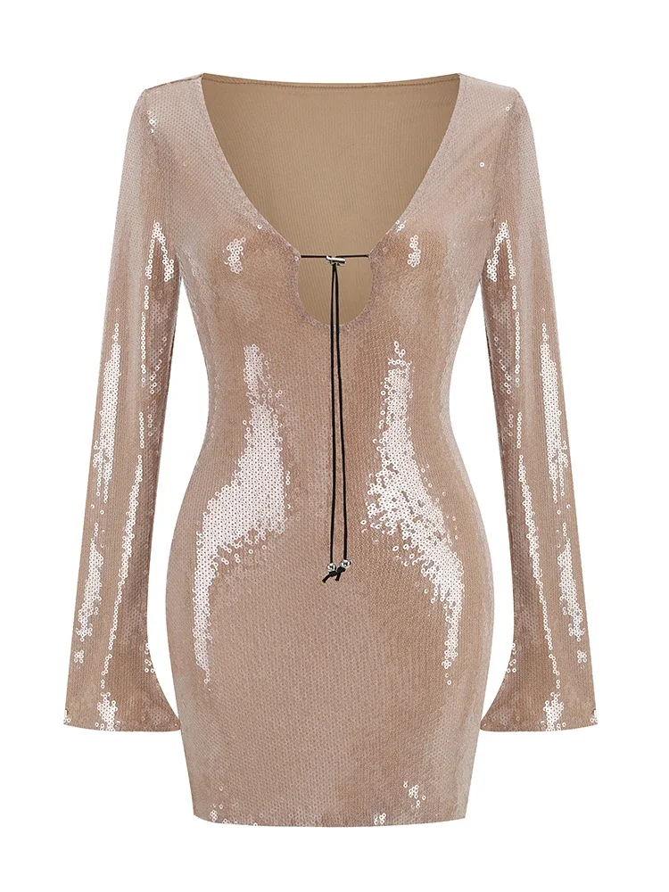 

Sexy New Luxury Sequins Draw String Metal V Neck Long Sleeve Bodycon Mini Dress Elegant Party Evening Club Dresses