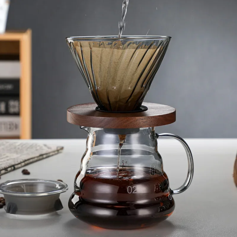 

Stripe Dark Filter V-Funnel Glass Wooden 700/500/300ML Coffee Dripper & Coffee Pot Set for Filter Reusable Coffee Set