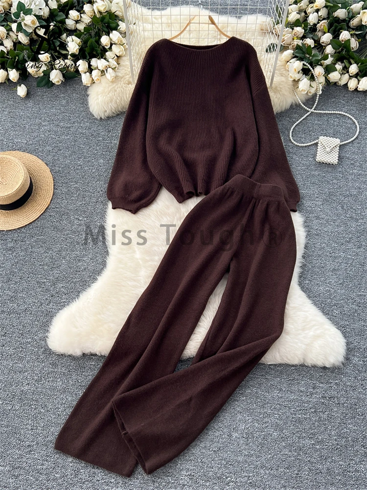 Autumn Korean Chic Warm Knitted 2 Piece Sets Casual Tops + High Waist Wide Legs Long Pants New Retro Solid Street Fashion Suit