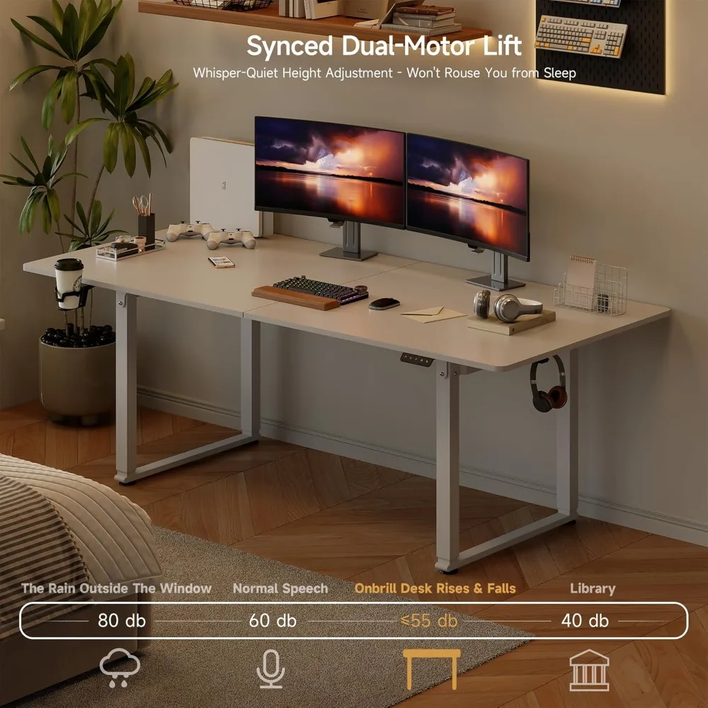 مكتب مستقيم بأربعة أرجل قابل للتعديل مقاس 71 × 32 بوصة مع سطح طاولة مستطيل واسع ورفع محرك مزدوج ووظيفة الذاكرة