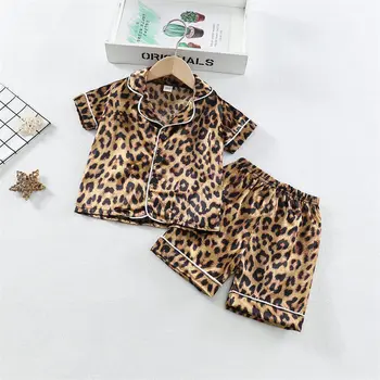 Kids Leopard Print Pajama Set 4 Boys Girls Kids Pajama Sets Cartoon Leopard print Short Sleeve T-Shirt Tops Pants Toddler Baby Sleeping Cloth Pijamas Sleepwear 4