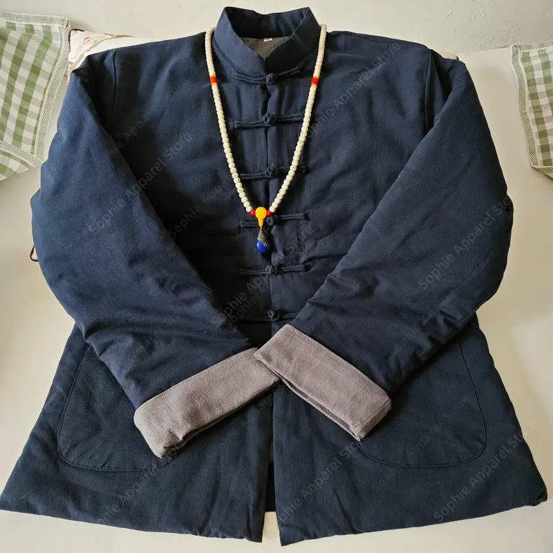 Traditional Chinese Style Tang Suit Men Winter Thickened Padded Jacket Cotton Linen Kung Fu Coat Retro Frog Button Hanfu Outwear