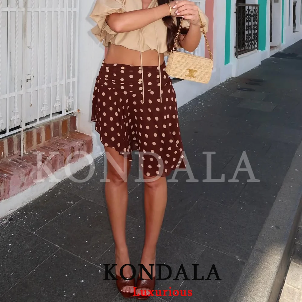 KONDALA Chic Brown Polka Dot Mini Skirts Women High Waist Chiffon Irregular Beach Holiday Skirt Fashion 2026 Spring Summer Skirt