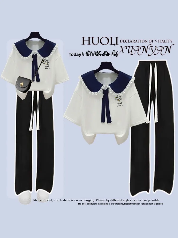 Fashionable Navy Collar Splice Lace Summer Outfit for Girls High School Students College Style Complete Set Cotton  Neck