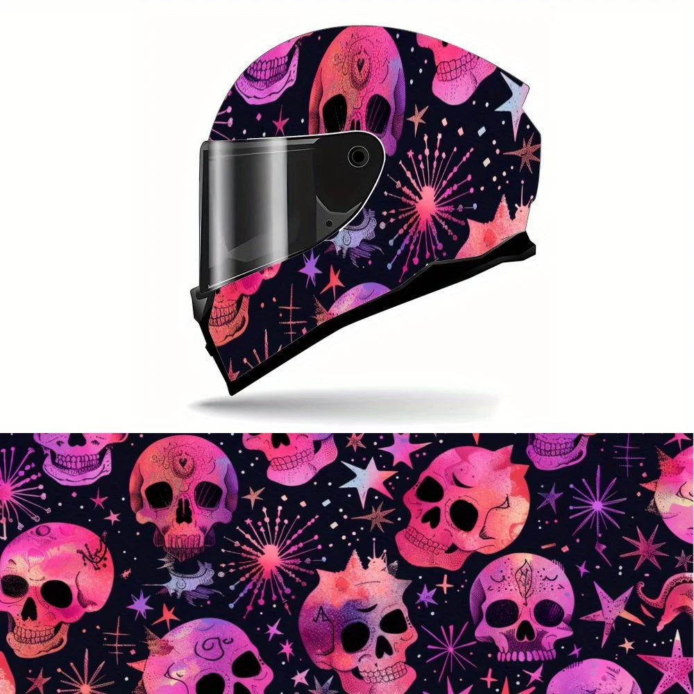 

Pink Skull and Star PVC Motorcycle Helmet Vinyl Wrap, Self-Adhesive Waterproof Sticker, Anti-Scratch Decorative Film for Full Fa