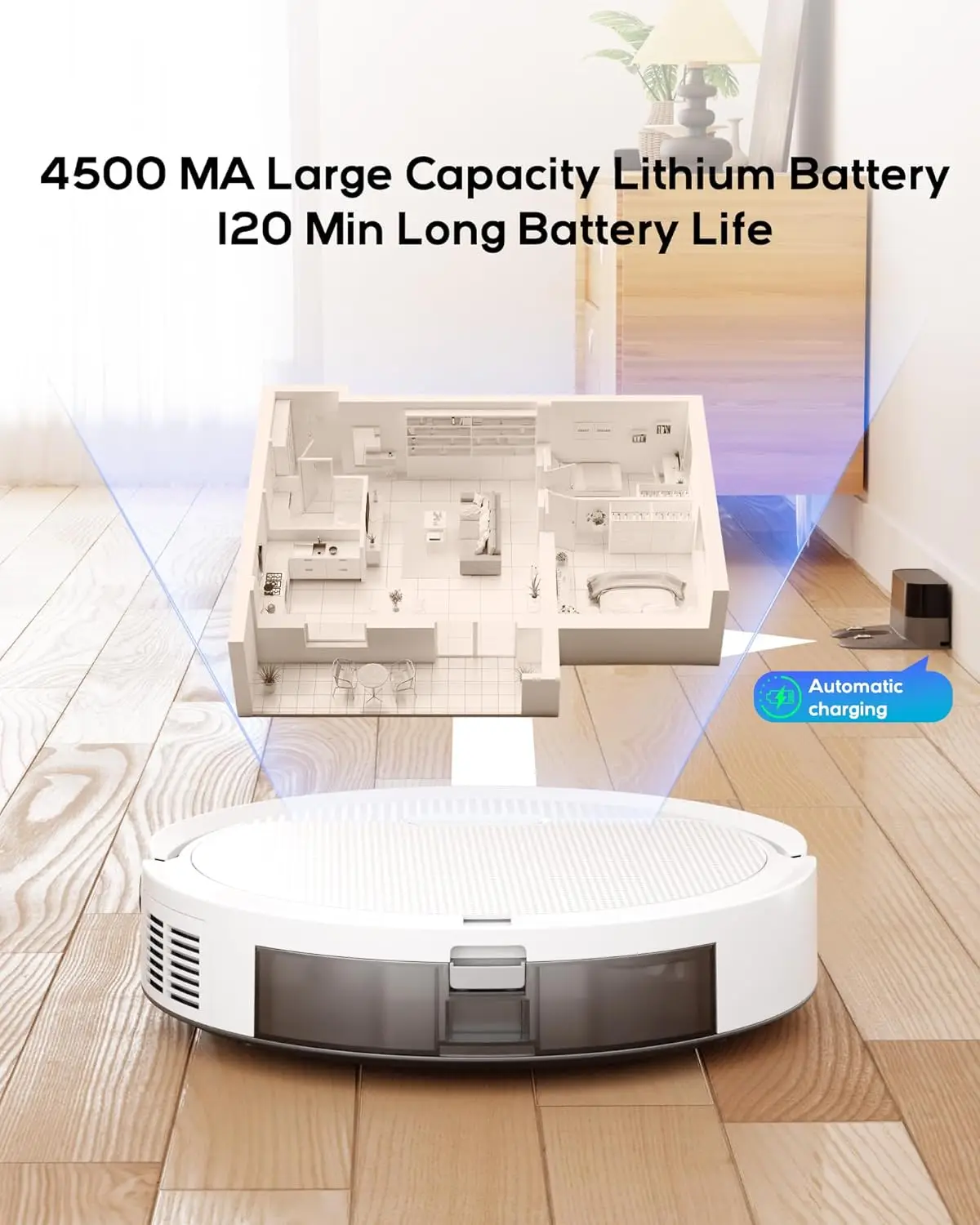 Robot aspirapolvere e scopa V3, pulitore combinato 3 in 1 per la casa con peli di animali domestici e pavimenti duri, aspirazione 5000 Pa, tempo di funzionamento di 120 minuti