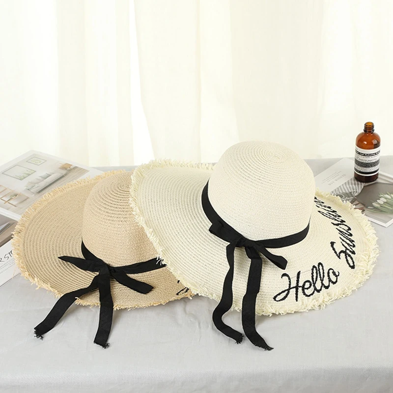 Women Big Brim Straw Hat Temperament HELLO SUNSHINE Embroidery Outdoor Summer Beach Hat Ribbon Lace Up Sun Hat Cap Accessories