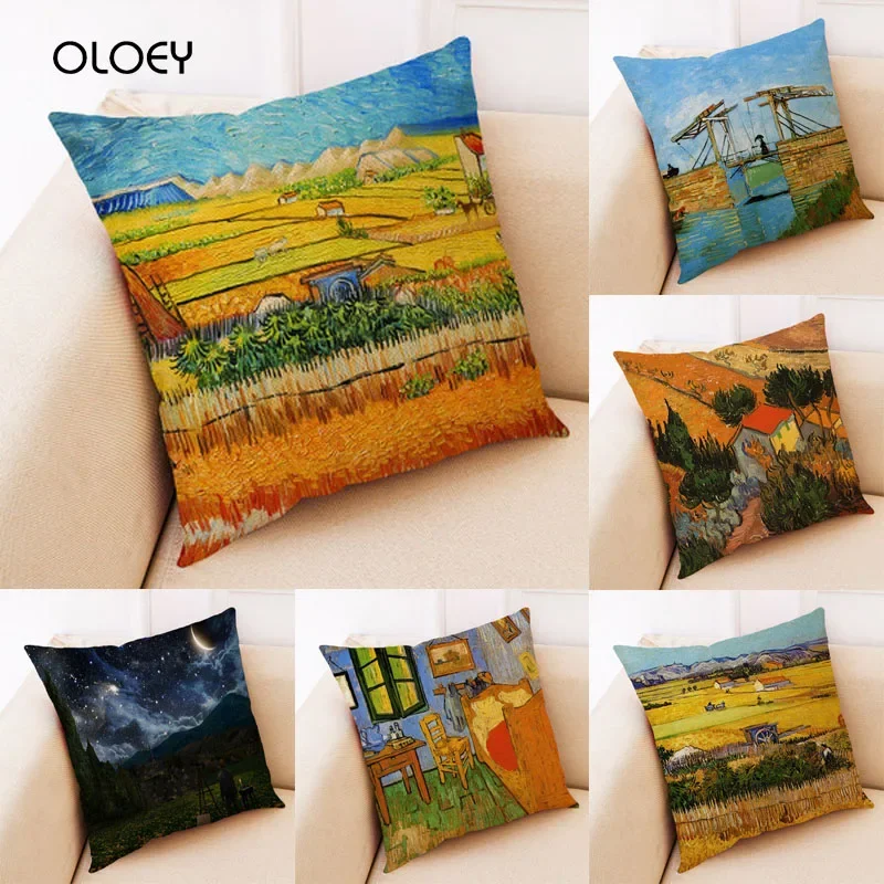 Oil Painting Landscape Peach Skin Pillowcase Square Pillowcase Home Creative Pillowcase Home Decoration Cushion Cover 45 * 45cm.