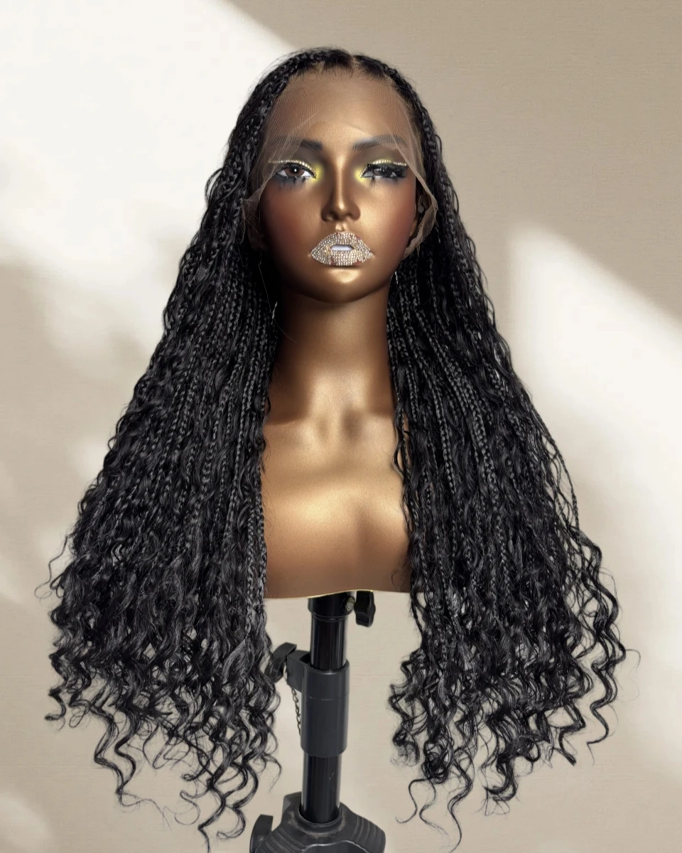 

Boho Box Плетеные парики для чернокожих женщин Бесклеевой двойной полный парик фронта шнурка Богемный вьющийся двойной полный кружевной плетеный богиня