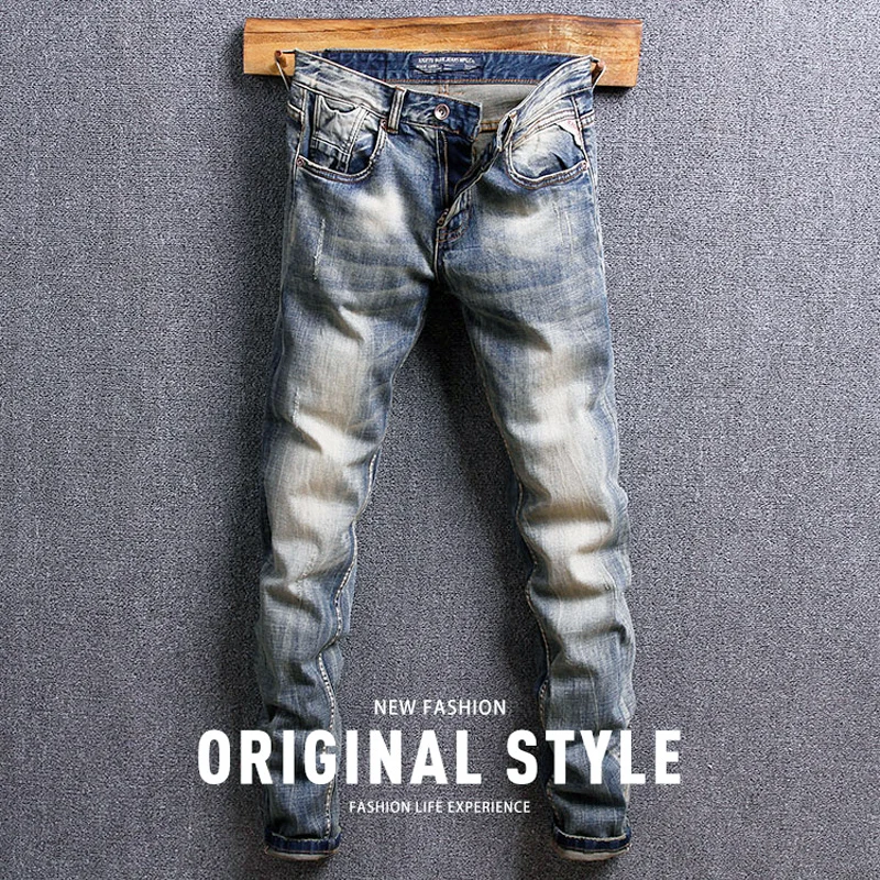 Newly Designer Fashion Men Jeans High Quality Retro Washed Elastic Slim Fit Ripped Jeans Men Trousers Vintage Denim Pants Hombre