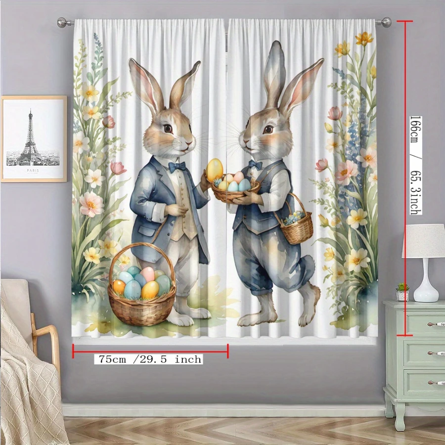 2PCS Digital Print Curtains, Spring Bunny in Suit Pattern, Cute Formal Rabbit Decor Whimsical Gentleman Hare Kids Bedroom Drapes