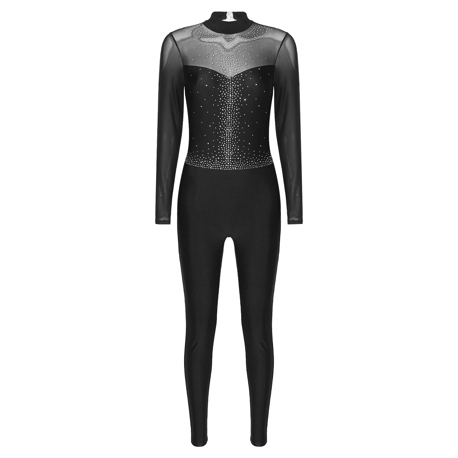 Mulheres Manga Longa Ballet Dança Bodysuit, Collant de Ginástica, Strass Brilhante, Malha Pura, Patinação Artística Macacão Trajes