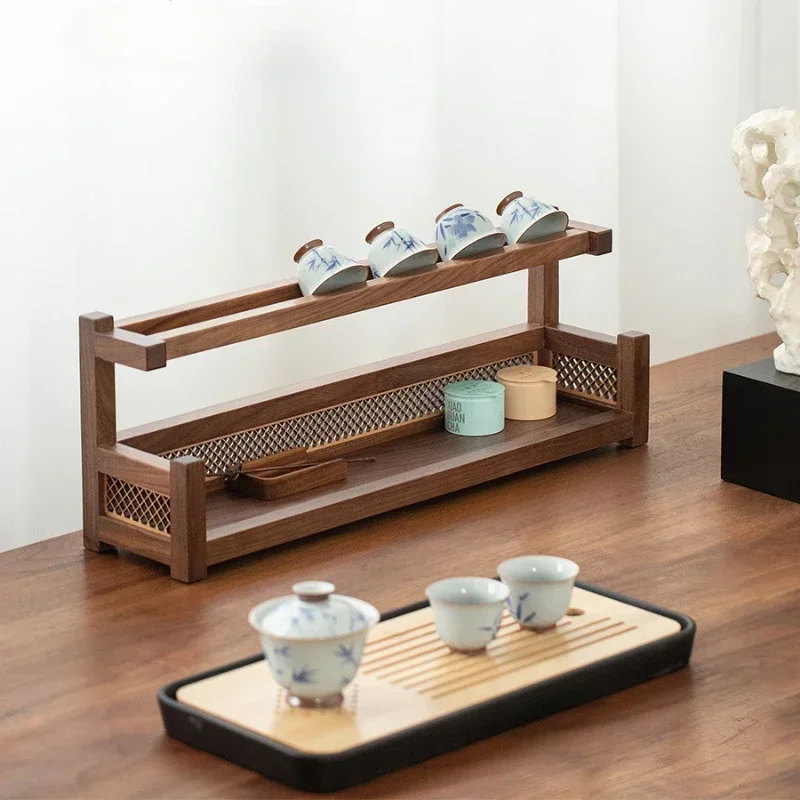 Black Walnut Tea Cup Rack – Chinese Style Kitchen Storage, Desktop Organizer for Tea Set and Teapot, Elegant Tea Cup Display.