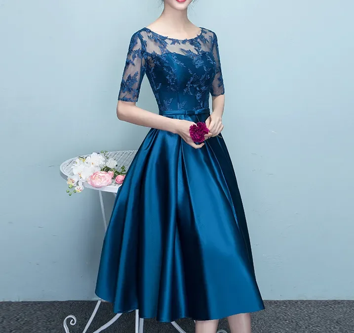 Elegant Mother of the bride dresses Satin with Tulle Lace Zipper Back Tea Length Mother of the bride dress cheap plus size