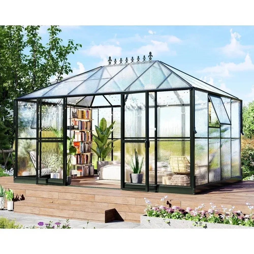 

Polycarbonate greenhouse with 2 vents and double swing doors, large winter greenhouse Sunroom aluminum outdoor greenhouse
