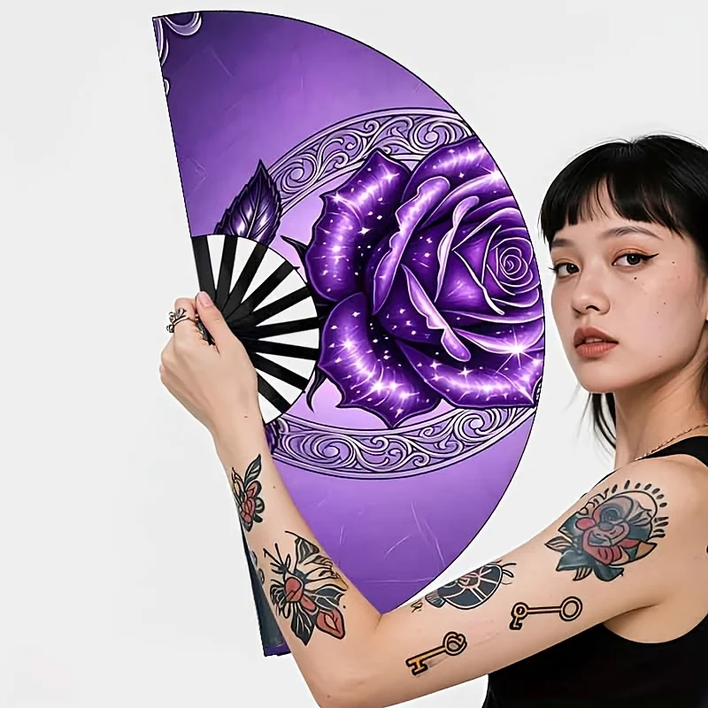 Gothic Bohemian Dark Purple Rose Folding Fan - Suitable for Outdoor Trips, Parties, Beach| Portable Handheld Cooling Fan with Rose Print & Gothic Patterns, Compact for Summer Travel Accessory