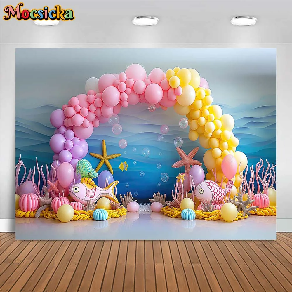 Mocsicka Photography Background Under The Sea Mermaid Arch Balloon Baby Kids Portrait Photo Backdrops Birthday Party Decor Props