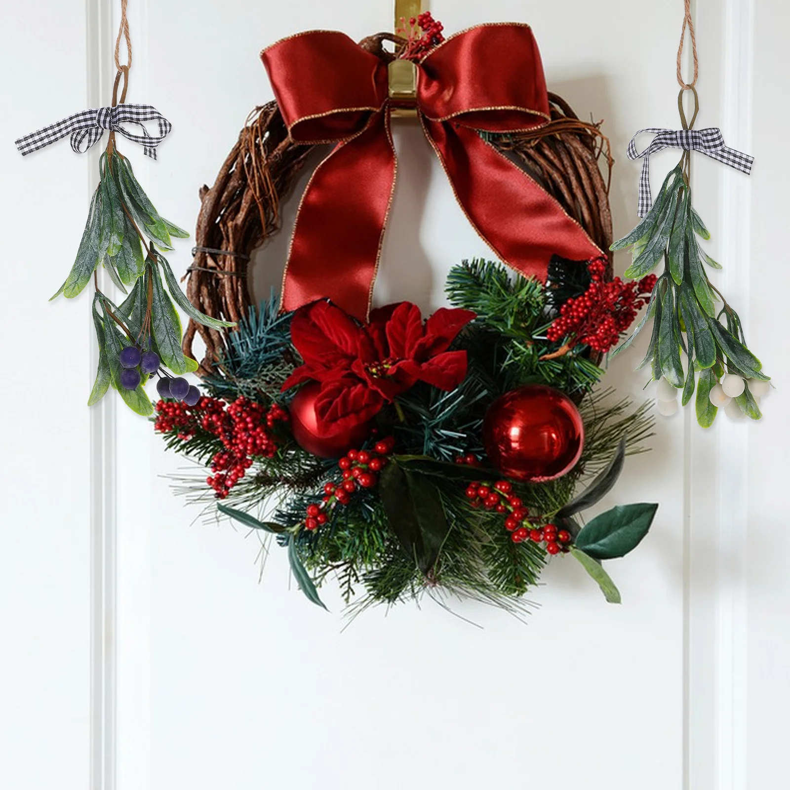 

2pcs Artificial Mistletoe Branch Fake Hanging Berries Christmas Teardrop Swag Door Hanging Xmas Decoration Party Decor Staircase