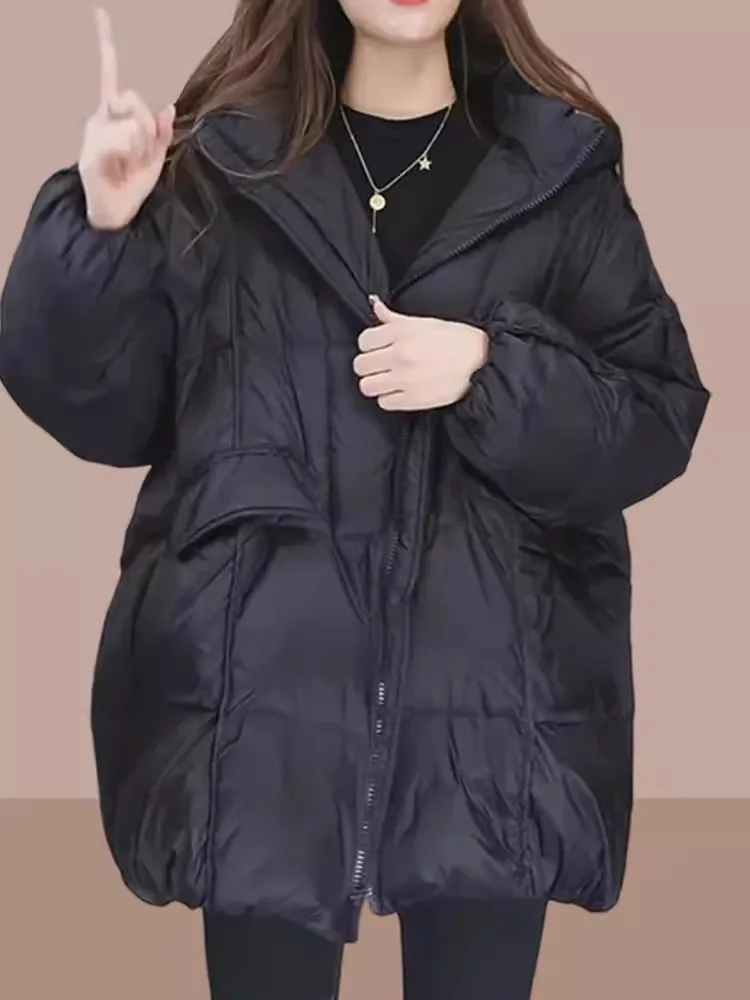 

Bla Thiened Warm Cotton Jaet Women's Casual Sle Mid-Length Hooded Zipper Closure Long Sve Loose Fit Faionable Coat