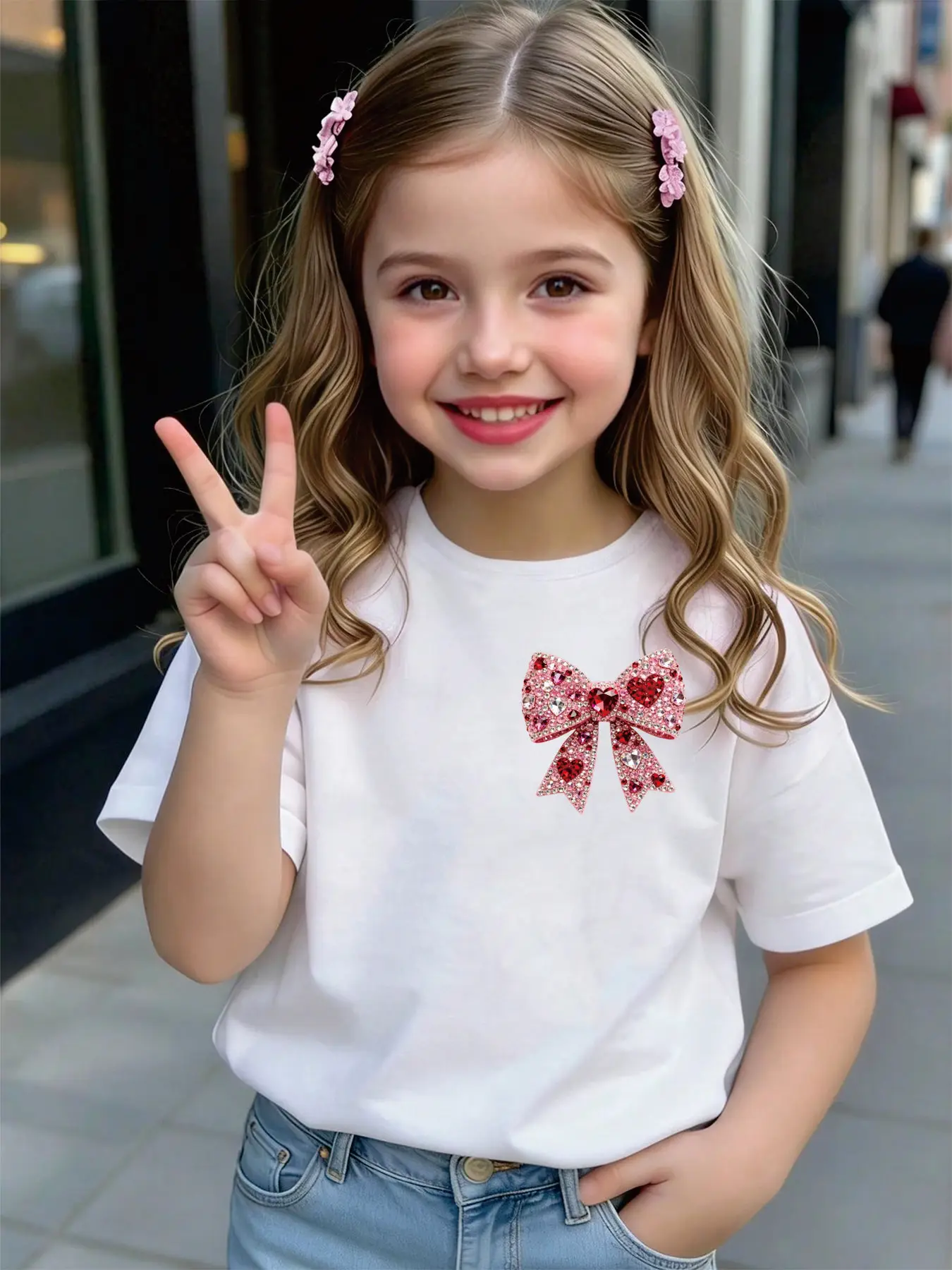 Comfy Kids Girls Cotton T-Shirt, Soft Breathable Fabric Sparkly Bow Print Casual Top for Daily & Outdoor