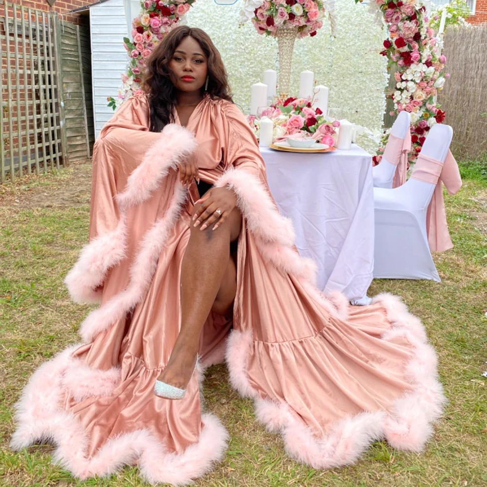 Customized Robe for Women Flare Sleeves Feather Bridal Robe Nightgown Silk Satin Wedding Party Dressing Gown Photography Dress image 6
