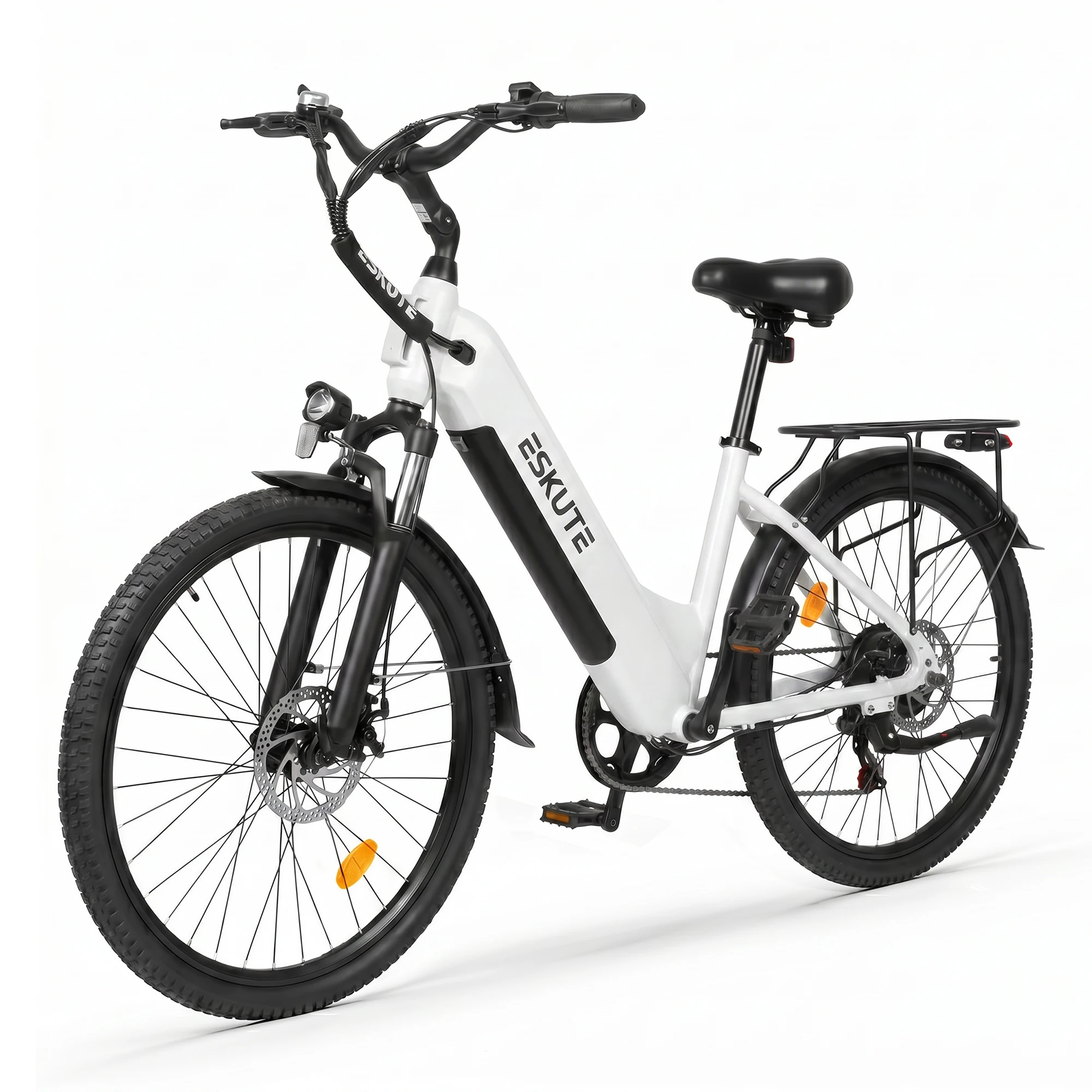 Bicicleta eléctrica ESKUTE de 26 pulgadas para hombres y mujeres, modelo C202, con batería de 48 V y 17,5 Ah, motor de 250 W, 7 velocidades, pantalla LCD, autonomía de hasta 110 km y velocidad máxima de 25 km/h, ideal para paseos urbanos.