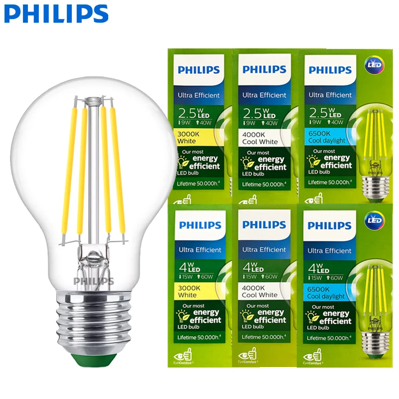 

Philips LED Filament E27 Лампа 2,5 Вт 4 Вт Ультраэффективная прозрачная лампа A60 Классический стеклянный светодиод EyeComfort 3000K 4000K 6500K Белый свет