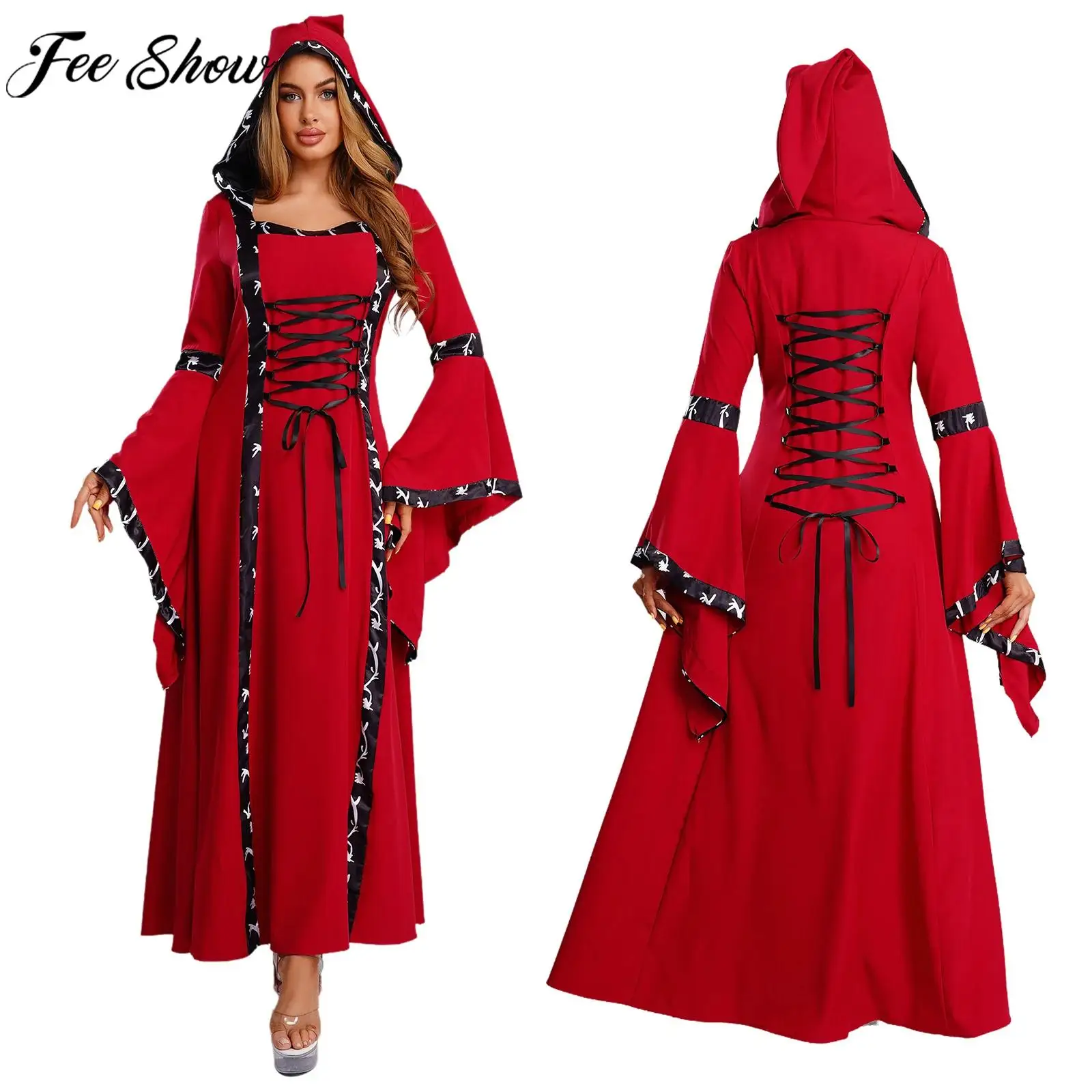 

Women Halloween Medieval Renaissance Vampire Witch Cosplay Costume Flare Sleeve Vintage Victorian Palace Gothic Hooded Dress
