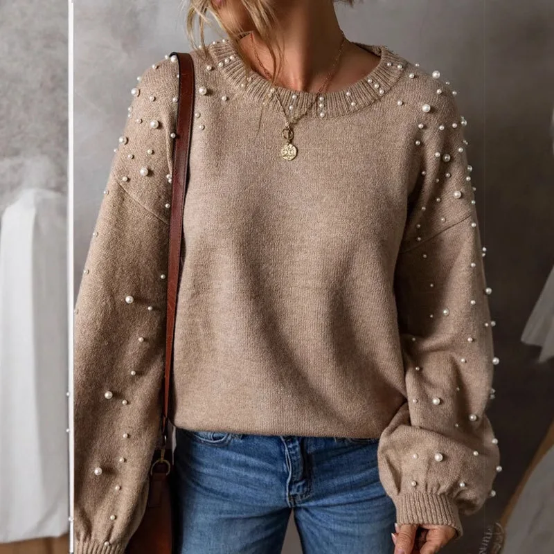 

New Autumn and Winter Plus Size Loose Long Sleeve Beaded Round Neck Pullover Women's Sweater Factory