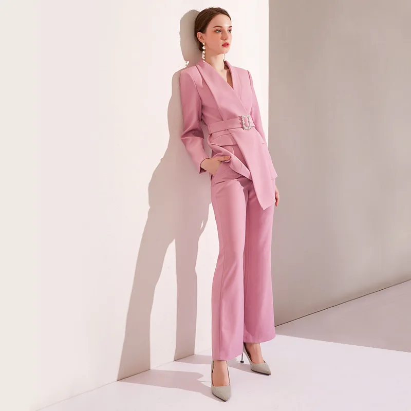 

Formal Women Suits Office Set Jacket With Crystals Belt+Flare Pants Business Lady Prom Dress 2 Pcs Long Lapel Coat In Stock