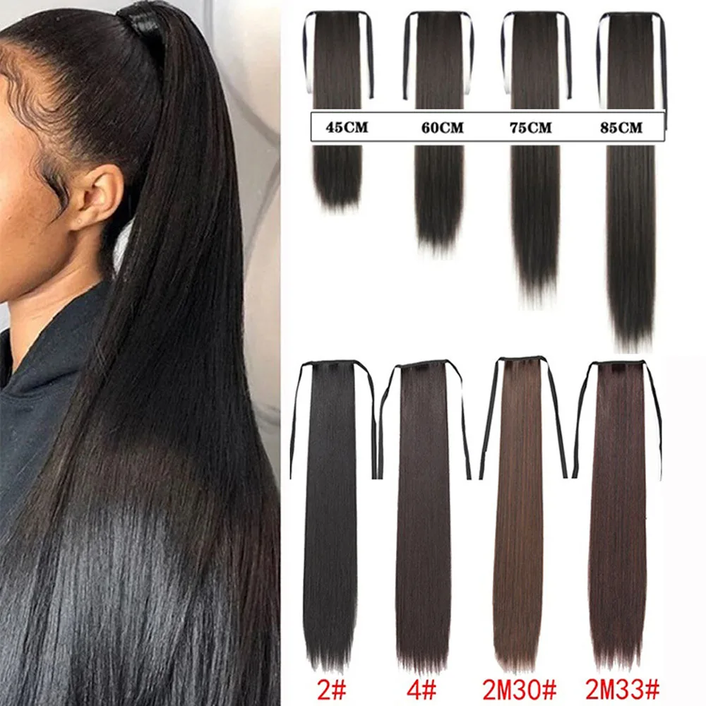 

Straight Ponytail Extensions Wrap Around Synthetic Hair Extensions Long Straight False Horse Tails Long Smooth Overhead Pony Tai