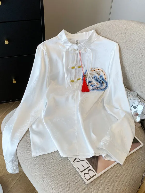 

New Chinese Style Embroidered Button Shirt Women Early Spring Autumn Long Sleeve Chiffon Tang Costume Top Fashionable Versatile