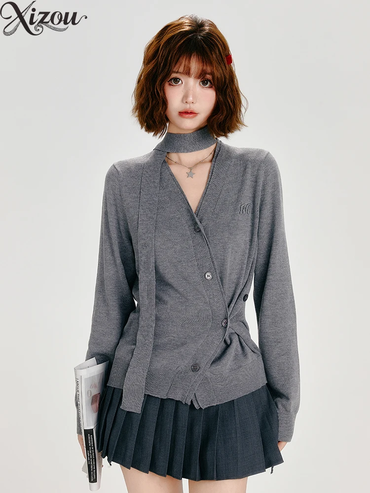 

2025 женские осенние топы, вязаный кардиган, свитер с v-образным вырезом и длинными рукавами, свитер на шнуровке на талии, нерегулярный тонкий офисный цвет