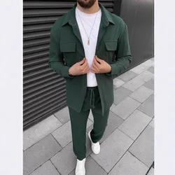 2025 Men's spring and autumn long sleeve set solid color casual stylish pocket design lapel polyester fiber set