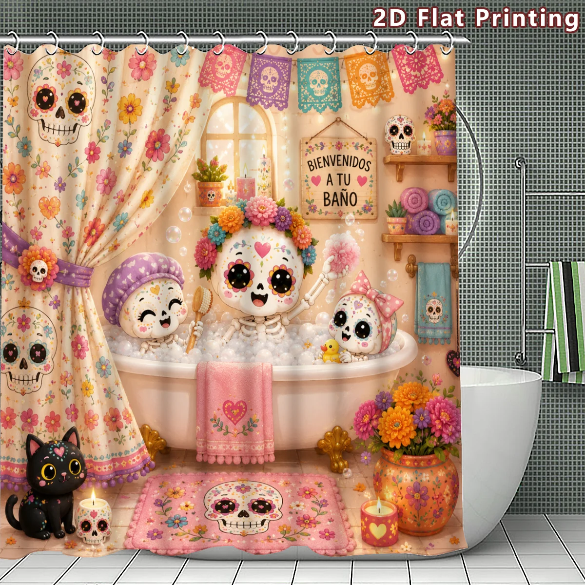Mexican Sugar Skull Family Shower Curtain, Funny Skeleton Bathing with Flowers Art,Waterproof Fabric Curtain Bathroom Decoration