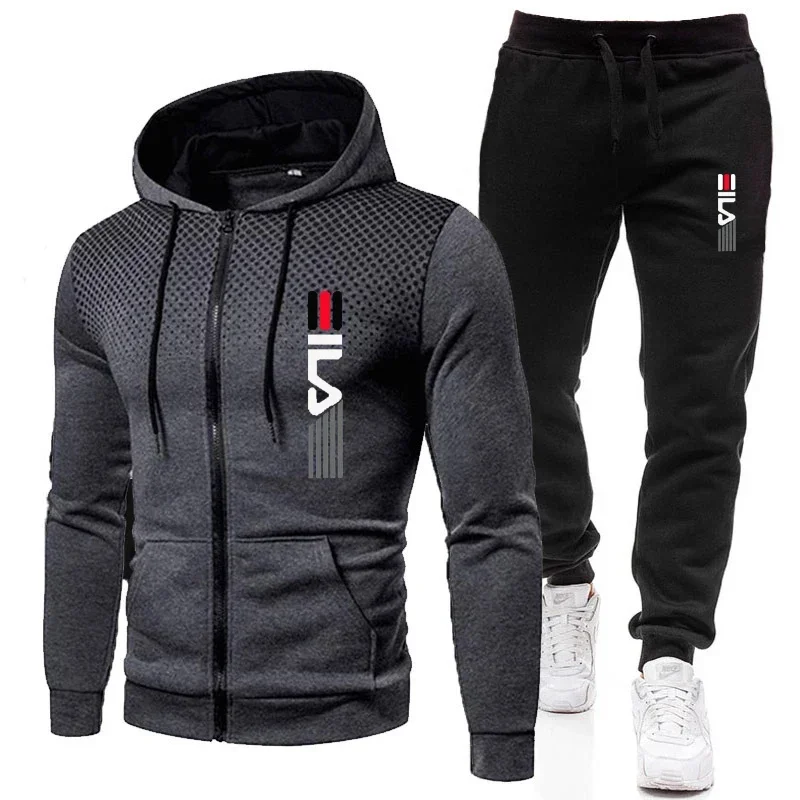 2024 New men\'s two-piece warm jacket and long pants sportswear zippered jacket outdoor hooded sweater sportswear jogging