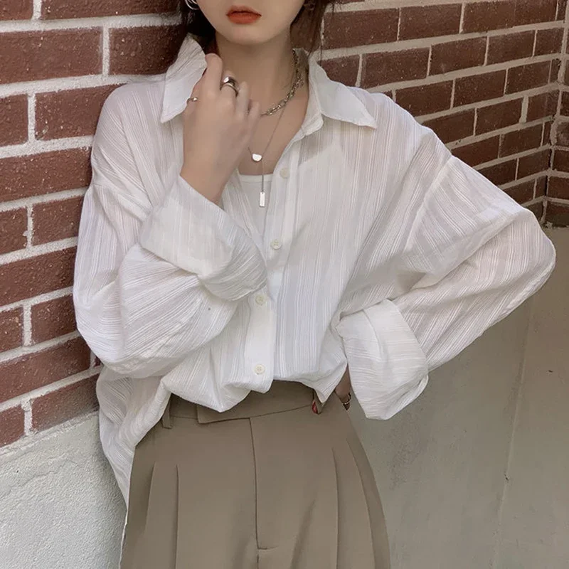 

Korean Sunscreen Shirt Women 2024 Summer Fashion Bandage Single Breasted Loose Blouses Womanlong Sleeve See Through White Tops