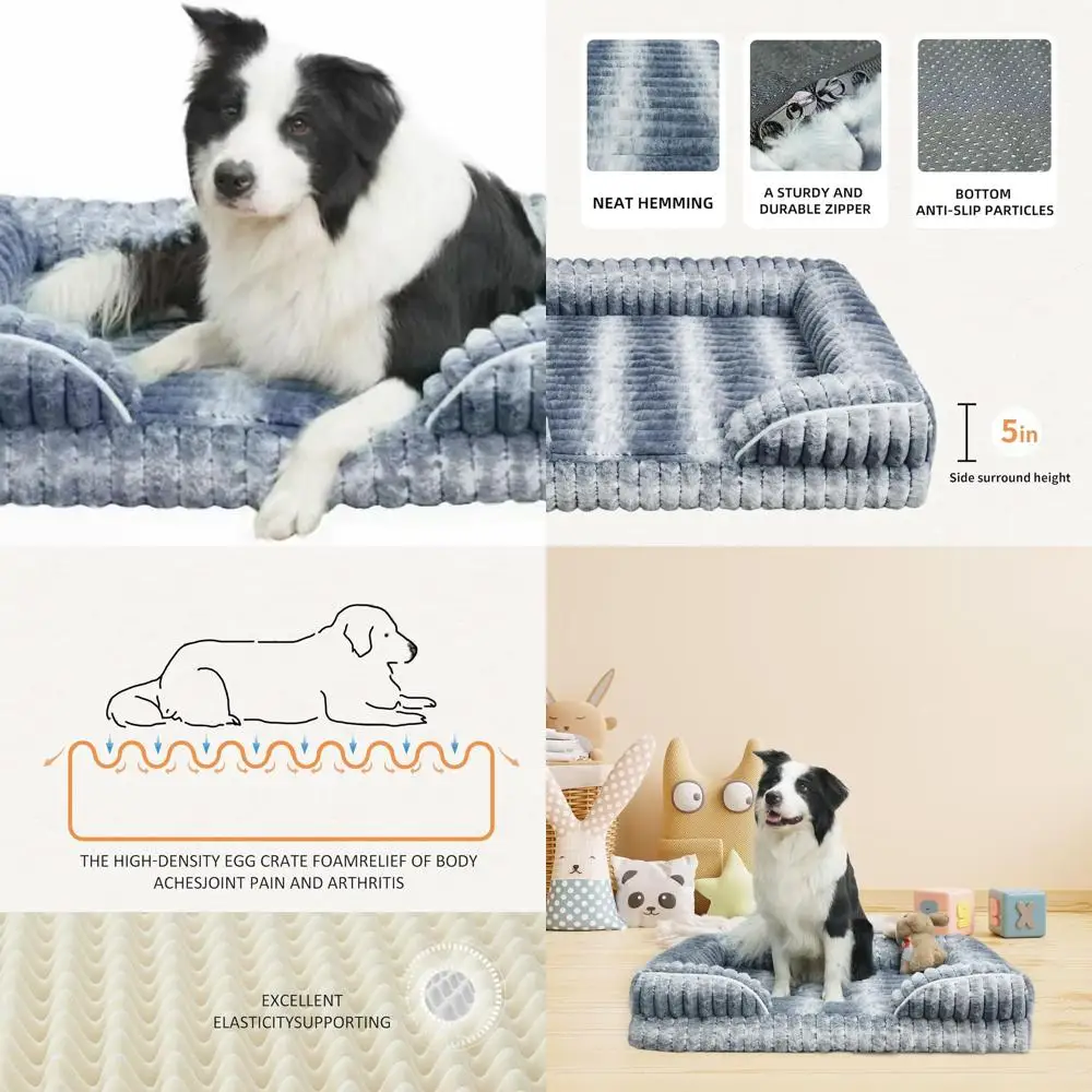 

XL Водонепроницаемая кровать для собак из пены с эффектом памяти, плюшевая и нескользящая, съемный чехол, тигровая полоса цвета хаки (светло-серый, X-Large)