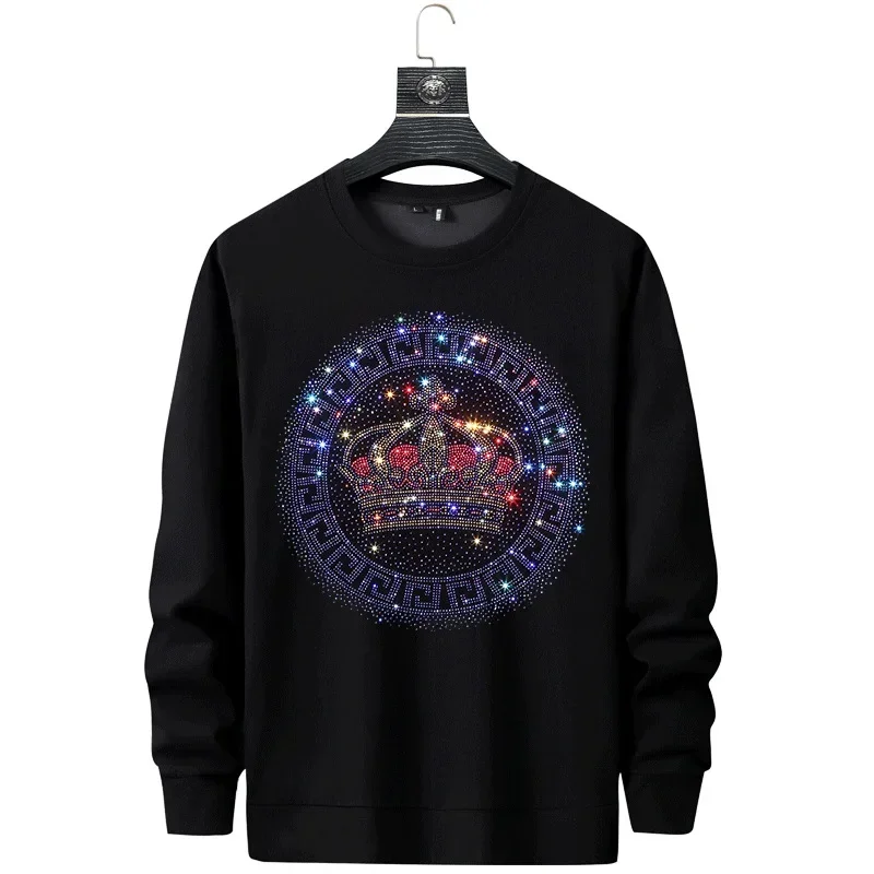 2024 Crown Rhinestones Men Hoodie Sweatshirt Fashion Streetwear Slim Full Pullover O Neck Cotton Hoodie Mens Autumn Clothes 6XL