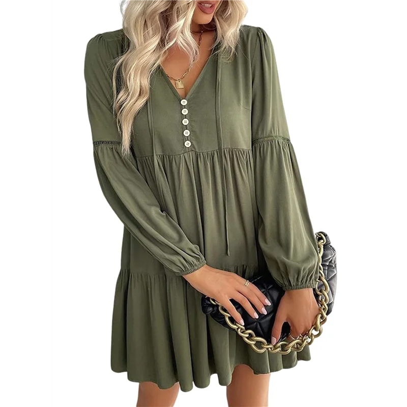 NEW-Long Sleeve Short Dresses For Women V Neck Fall Casual Loose Fit Flowy Swing Tiered Vacation Boho Dress