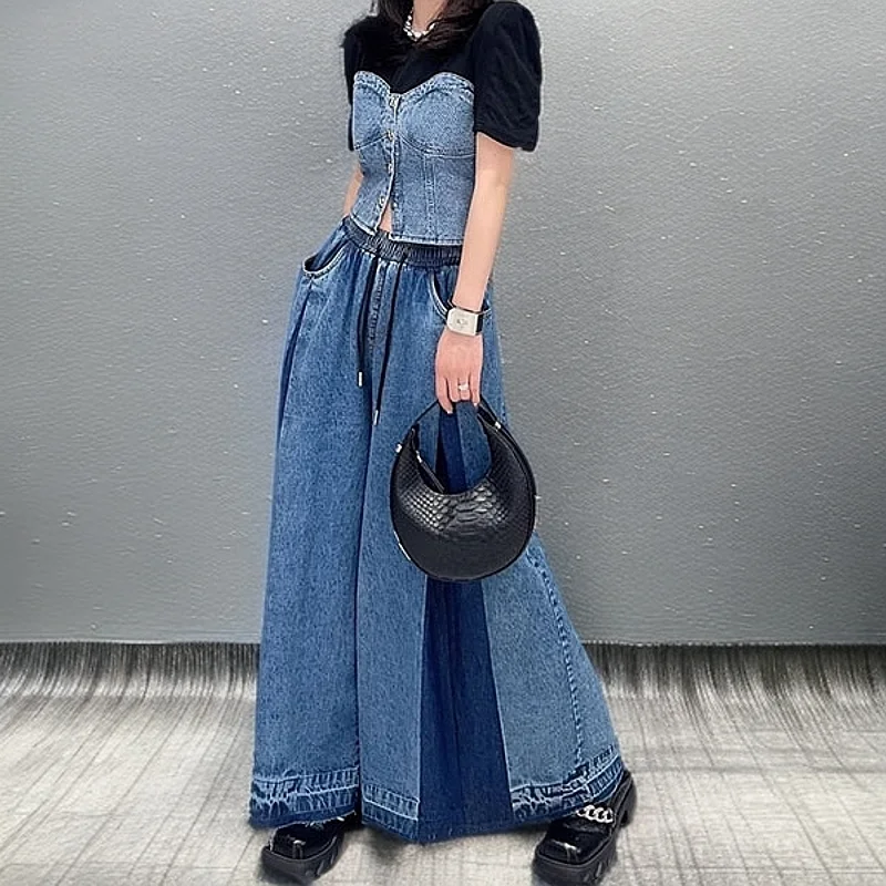 Spring 2026 New Style Trendy Versatile Patchwork Denim Wide Leg Pants Elastic Waist Belted Nine Pointed Casual High Waist Jeans