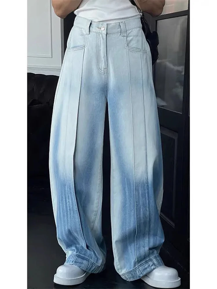 

Retro American Blue Men's Jeans High Street Loose Wide Leg Straight Cut Trousers Small ence Design Sensation Youth Faion