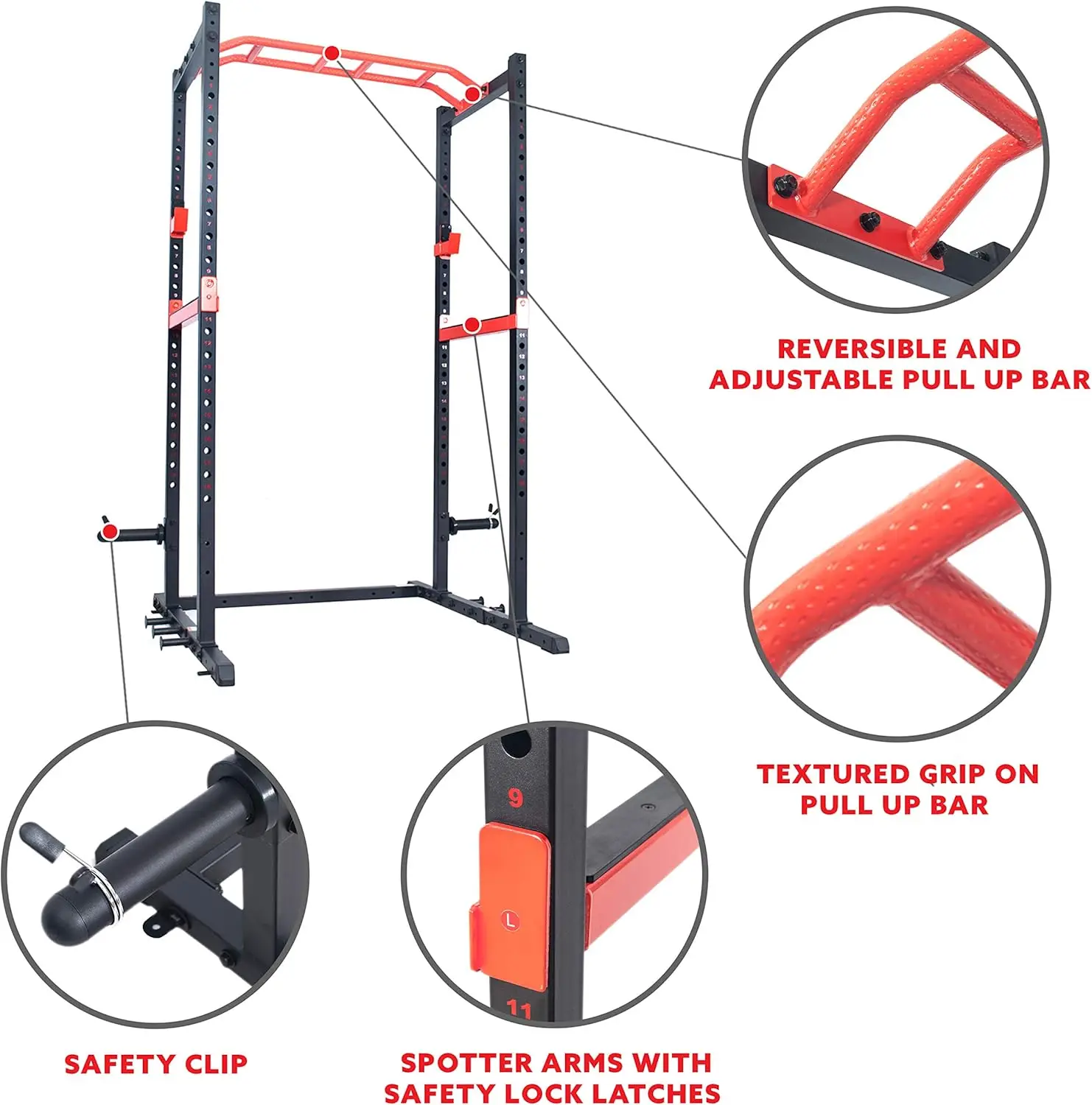 Gaiola de zona de energia Sunny Health & Fitness - capacidade de peso de 1000 LB, barra de localização, barra de tração angular, ganchos em J, torre de energia opcional