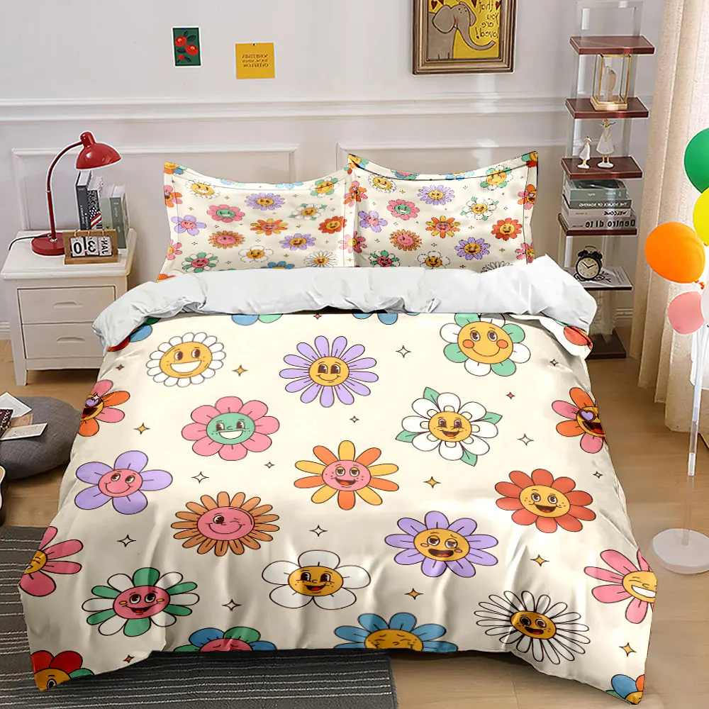 Cartoon smiling flower pattern Print Soft Comfortable Duvet Cover Bedding Set Included 1*Duvet Cover 2*Pillowcases Luxury Gift