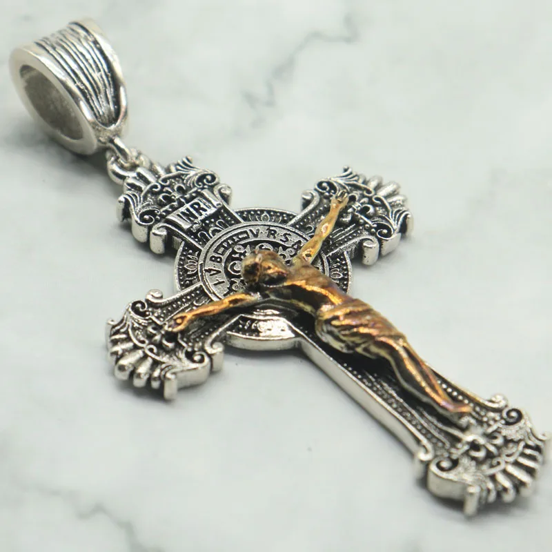 Buy 4 Get 1 Free 12g Crucifix and Saint Benedict Medal Silver Pendant unites Christ's redemption with the Saint's guardianship